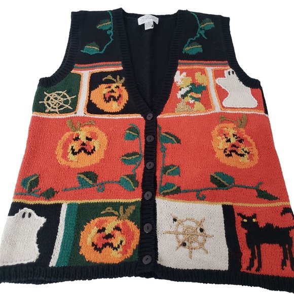 Vintage Sweaters - Vintage Halloween Sweater Vest Pumpkins Ghost Black Knit Womens Sz Small
